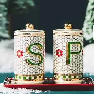 Anthropologie 24K Gold Decaled Festive Bistro Tile Salt and Pepper Shakers NIB